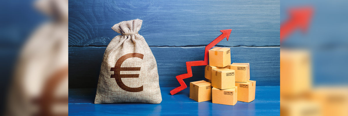 Saco de rafia con el símbolo de euro y cajas de mercancia junto a una felcha roja de inflacción