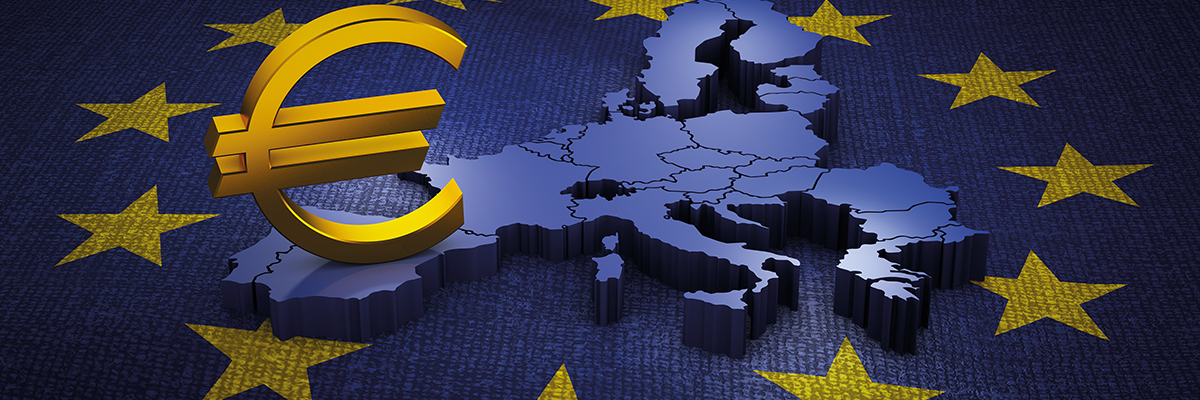 Símbolo de € sobre un mapa de la UE Símbolo de € sobre un mapa de la UE