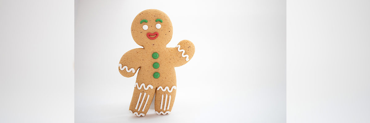 Una galleta de jengibre sonriente decorada con ojos verdes, una boca roja y botones, y detalles blancos en los brazos y piernas, posando contra un fondo blanco