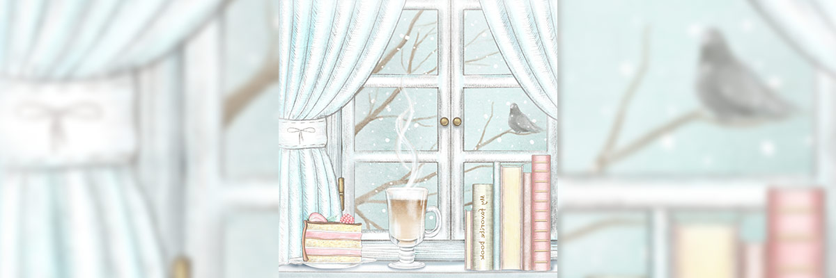 Una ilustración serena de una ventana con cortinas azules, un pastel, una taza de café, libros y dos pájaros posados en las ramas visibles a través del cristal.