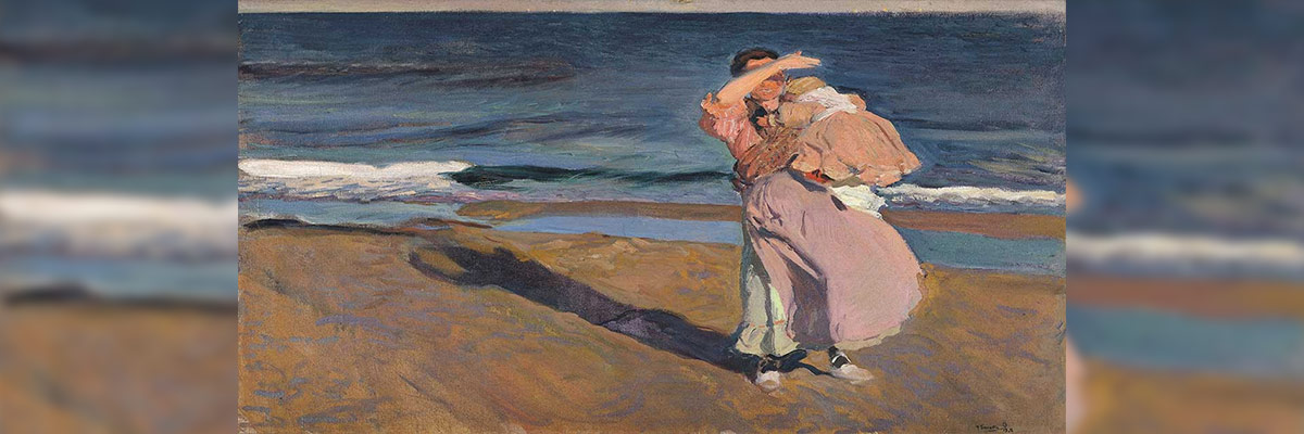 Lienzo Pescadora con su hijo En este cuadro retrata a una madre con su hijo en brazos a la orilla del mar