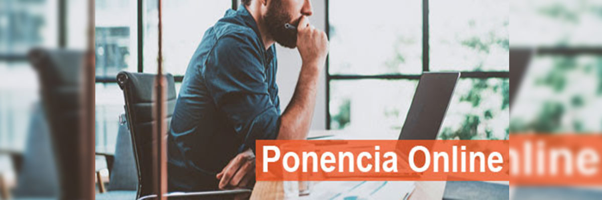 Un individuo se prepara frente a su computadora portátil para una ponencia online, destacando la interacción humana y tecnológica en un entorno de trabajo moderno
