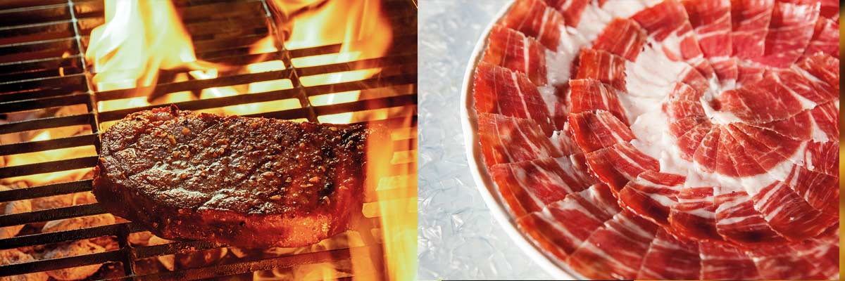 Carne a la parrila y plato de jamón ibérico