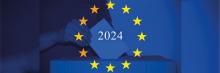 Elecciones Europeas 2024 Mano depositando un papel en una urna de votación sobre un fondo azul con estrellas amarillas, simbolizando las elecciones en la Unión Europea en 2024