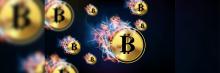 Bitcoin La imagen captura la naturaleza volátil y dinámica de Bitcoin, representada por monedas doradas con el símbolo de Bitcoin, envueltas en llamas azules y naranjas