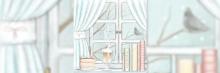 Una ilustración serena de una ventana con cortinas azules, un pastel, una taza de café, libros y dos pájaros posados en las ramas visibles a través del cristal.