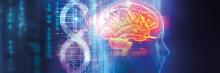 Gráfico de ADN, ilustración de cerebro y fondo de código binario, simbolizando genética, neurociencia y tecnología